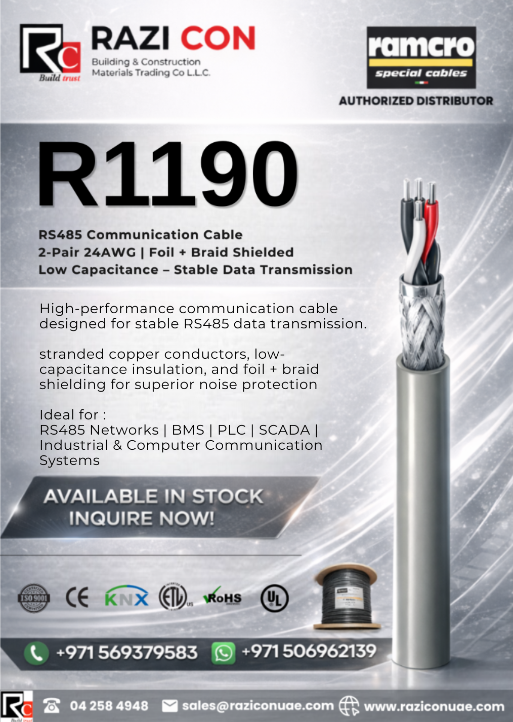 R1190 2-Pair 24AWG Shielded RS485 Low Capacitance Computer Cable