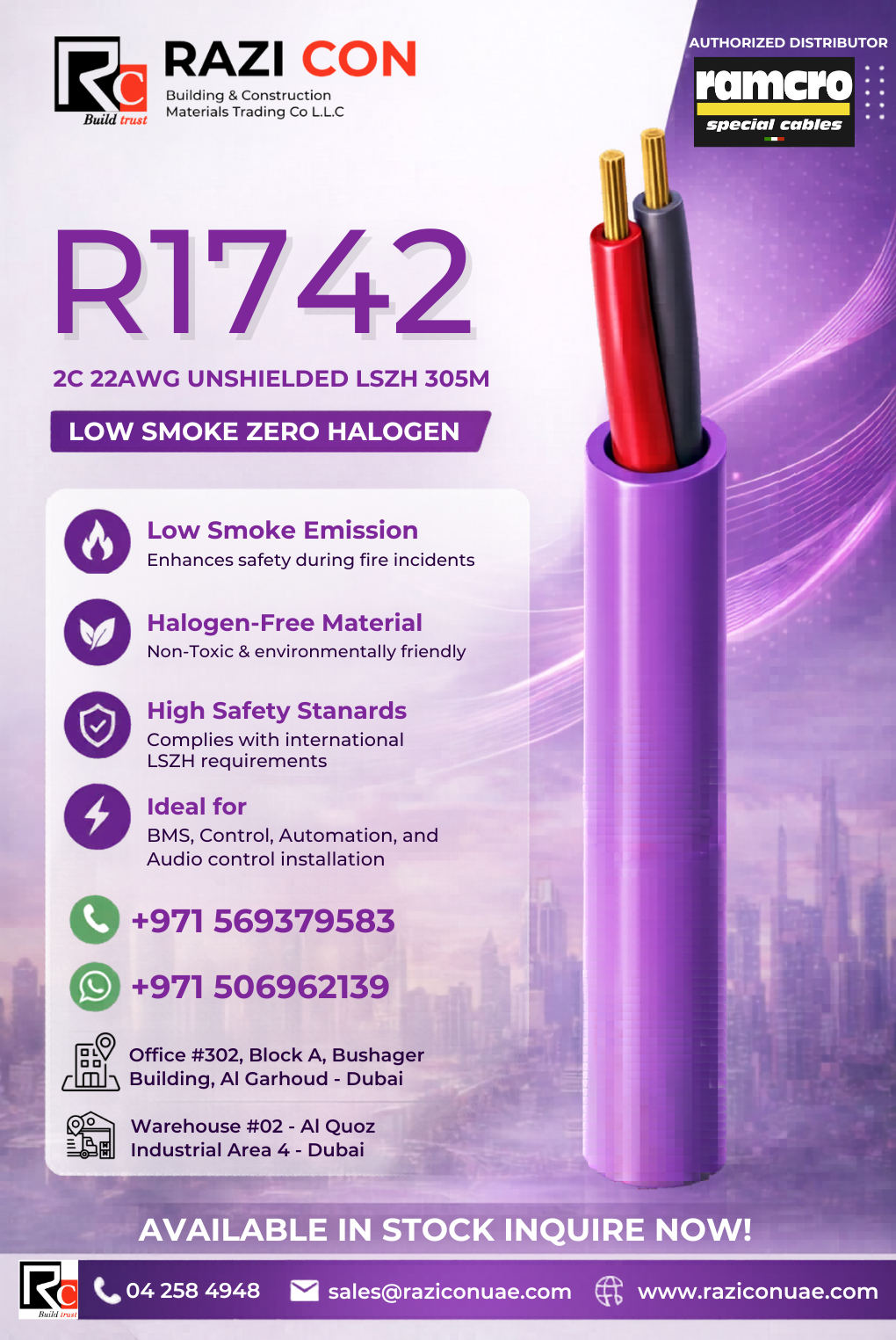 R1742 2 Core 22AWG Unshielded LSZH Cable – Fire Resistant Low Smoke Halogen Free Wire
