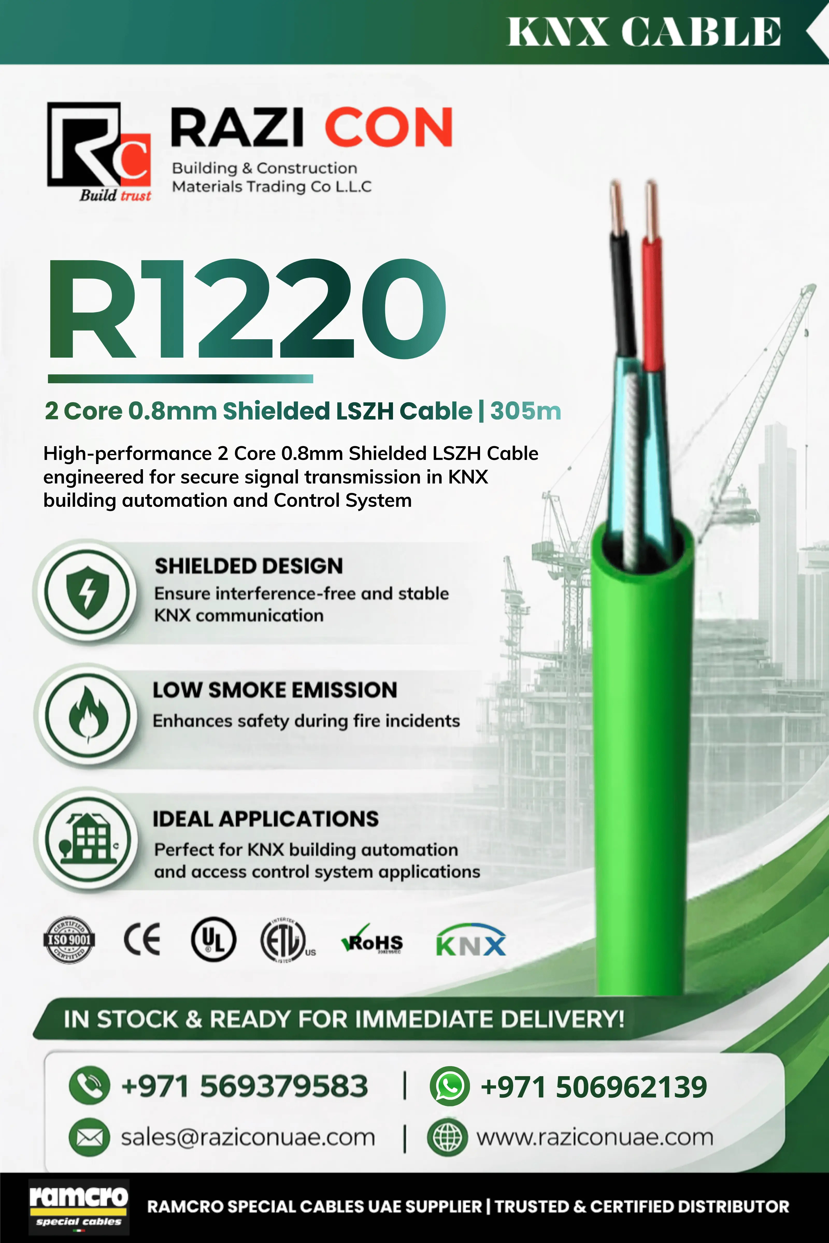 R1220 2 Core 0.8mm KNX Bus Cable | Shielded LSZH Fire Safe Control Cable