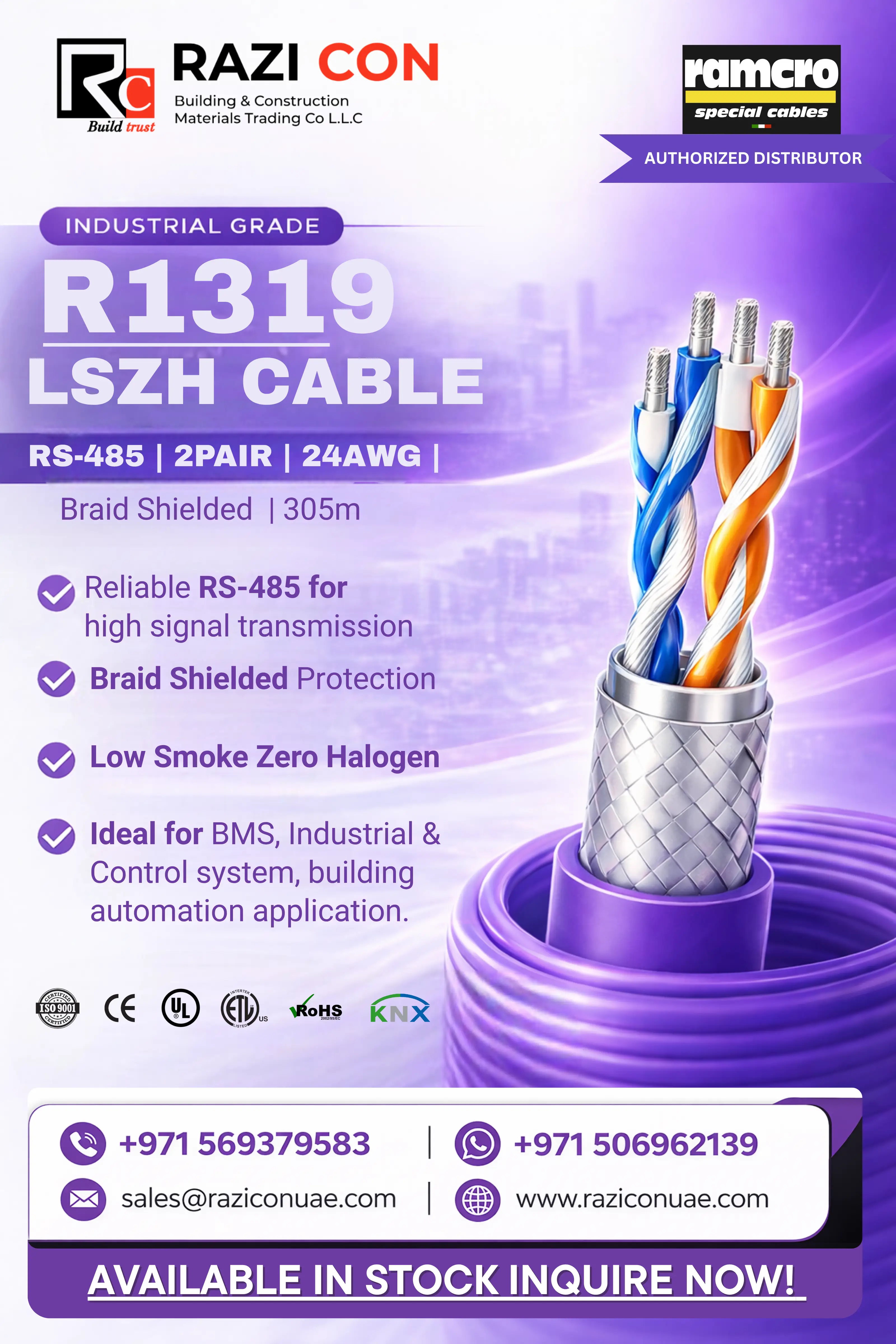 R1319 2 Pair 24AWG LSZH Braid Shielded Cable | RS-485 BMS & Industrial Control Cable UAE