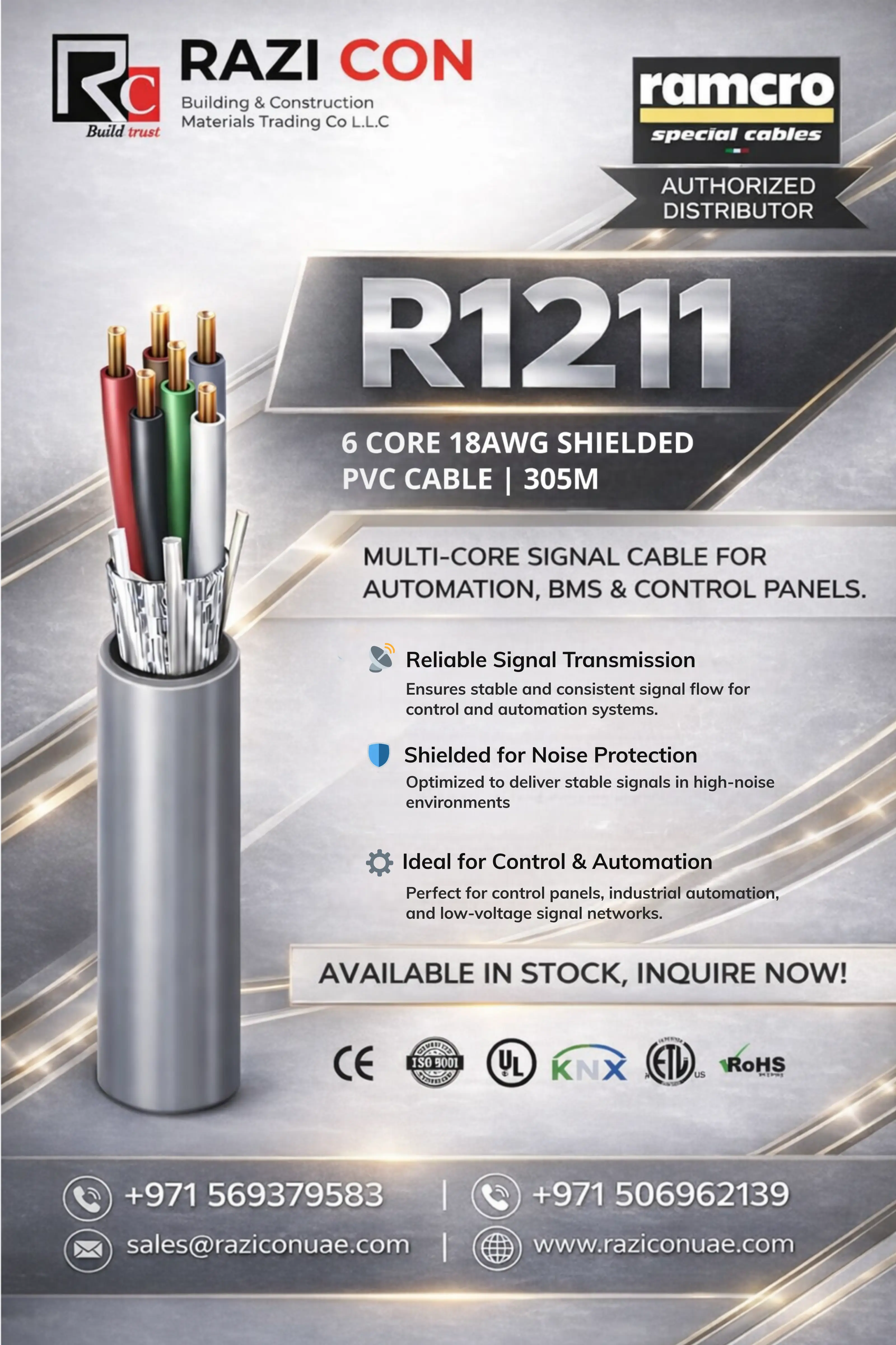 R1211 6 Core 18AWG Shielded PVC Control Cable | High-Performance Multi-Core Signal Cable 305m