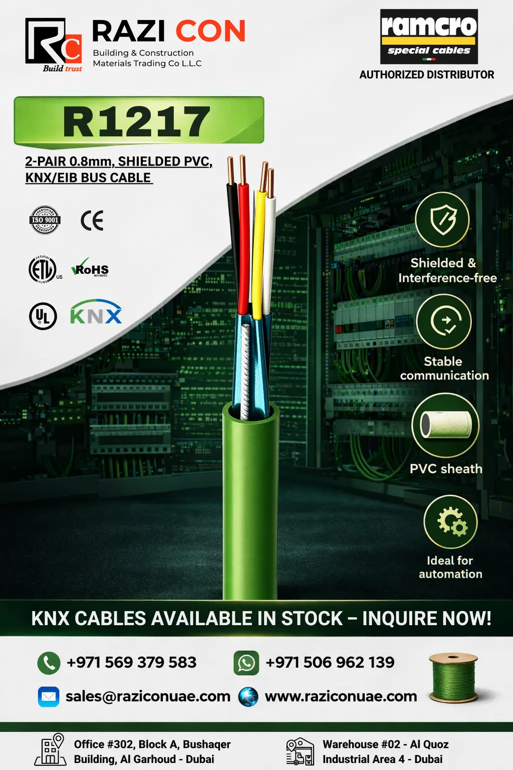 R1217 2 Pair 0.8mm Shielded PVC Cable | KNX/EIB Bus Cable | Interference-Free Signal Transmission