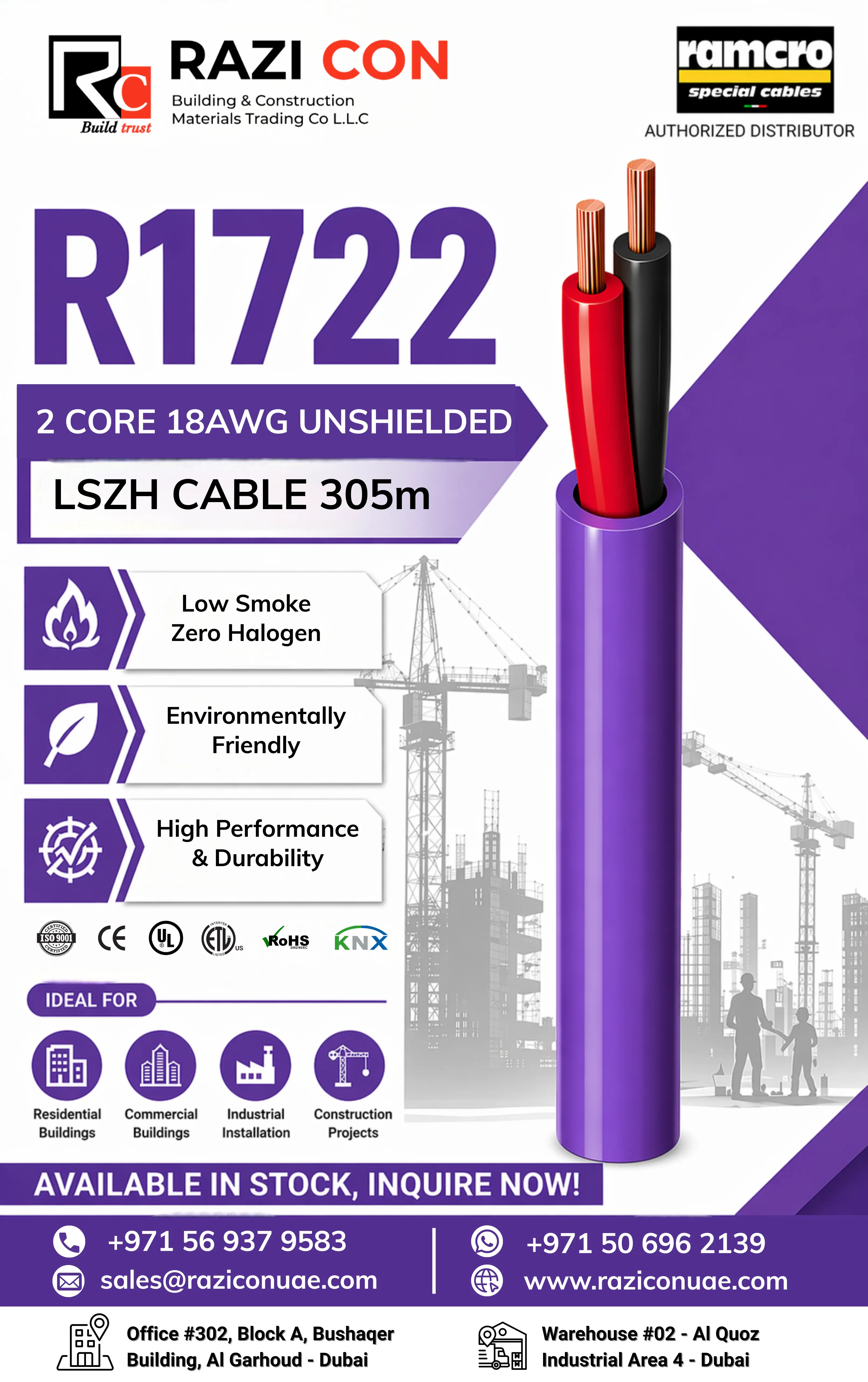 R1722 2 Core 18AWG Unshielded LSZH Cable UAE | Fire Safe