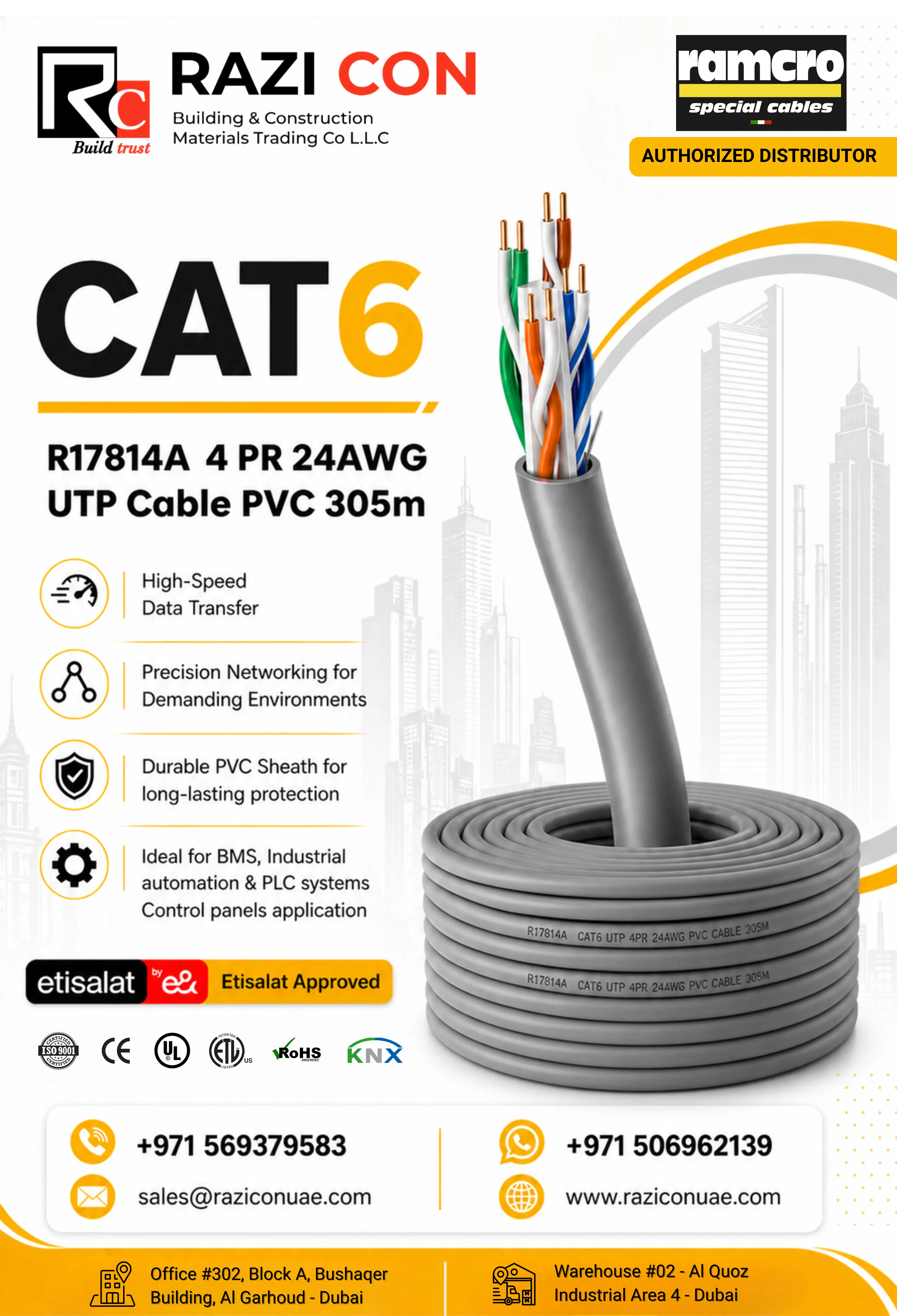 R17814A Cat6 UTP Cable 4 Pair 24AWG PVC 305m | High Speed LAN
