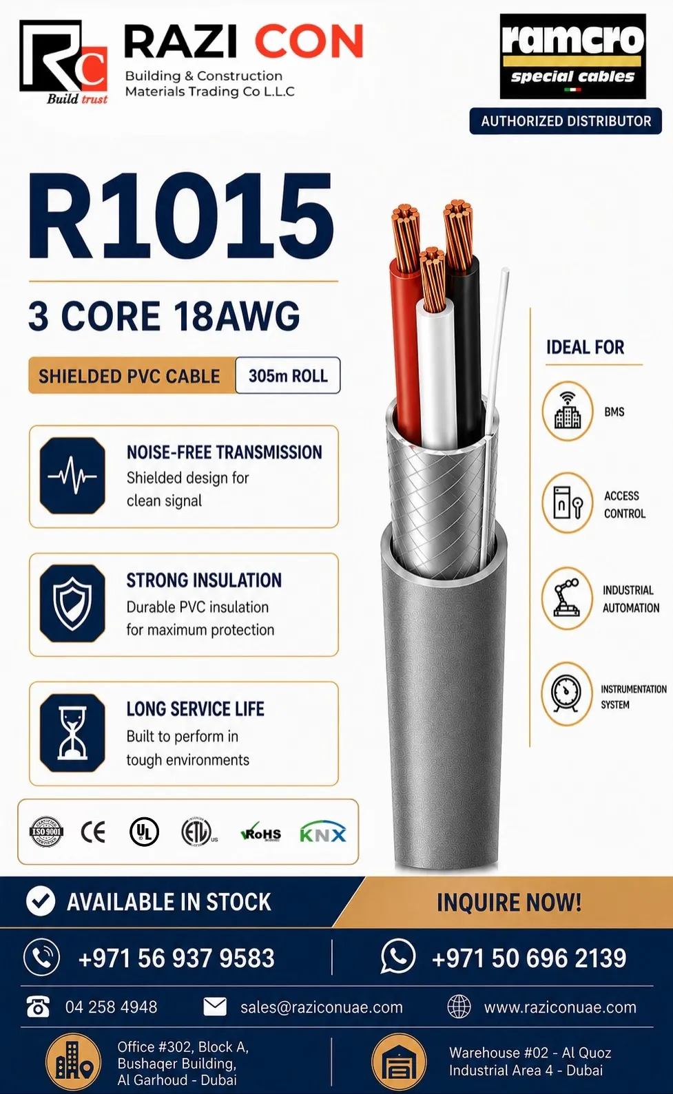R1015 3 Core 18AWG Shielded PVC Cable for BMS, Audio Control & Automation Systems