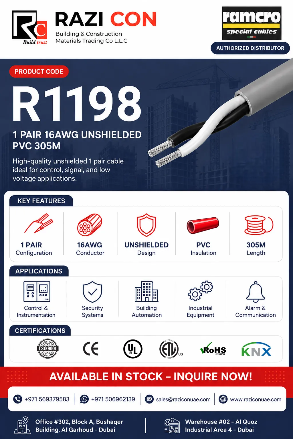R1198 1 Pair 16AWG Unshielded Cable for Automation & Speaker Systems