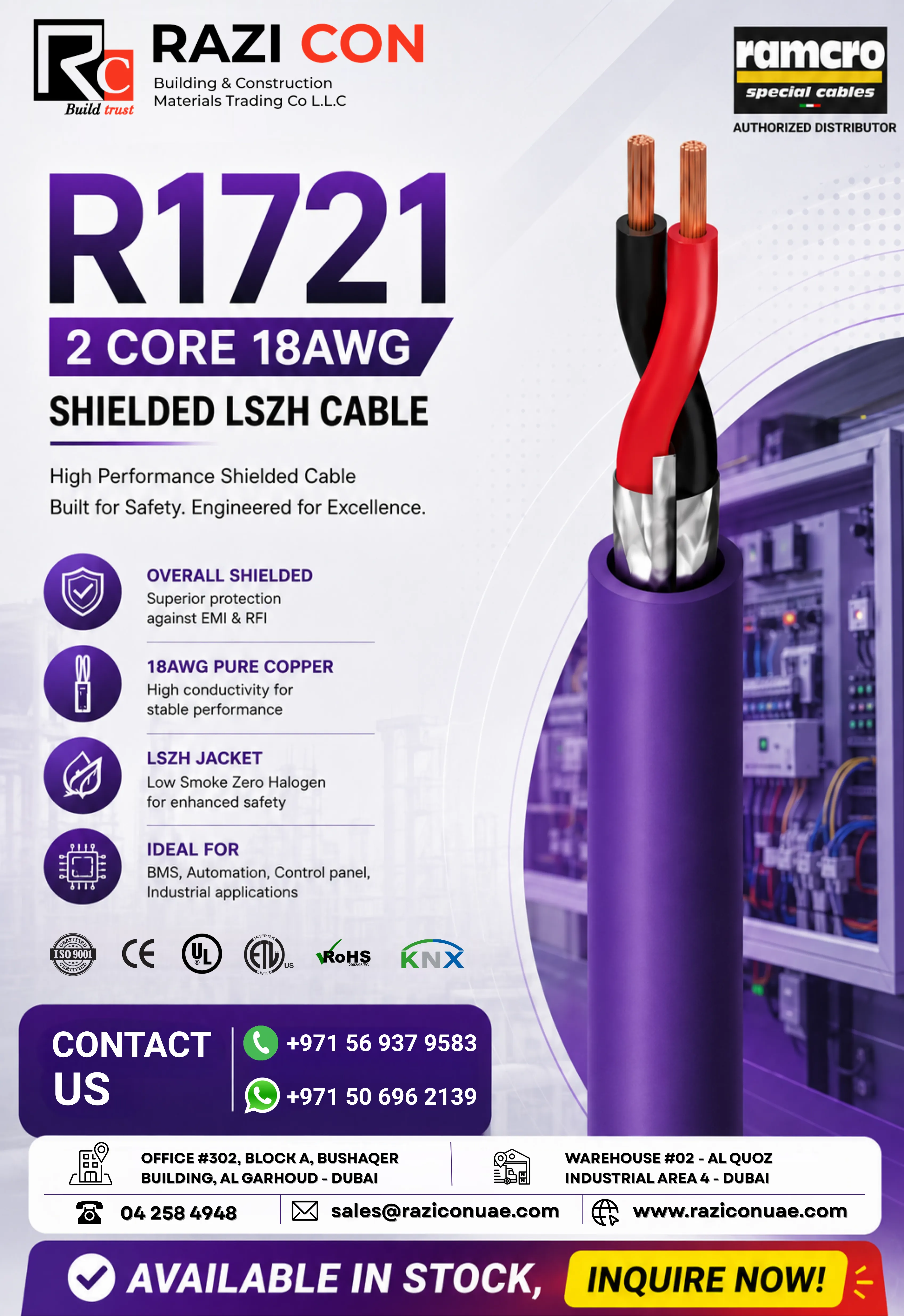 R1721 2C 18AWG Shielded LSZH Cable for BMS & Automation Systems