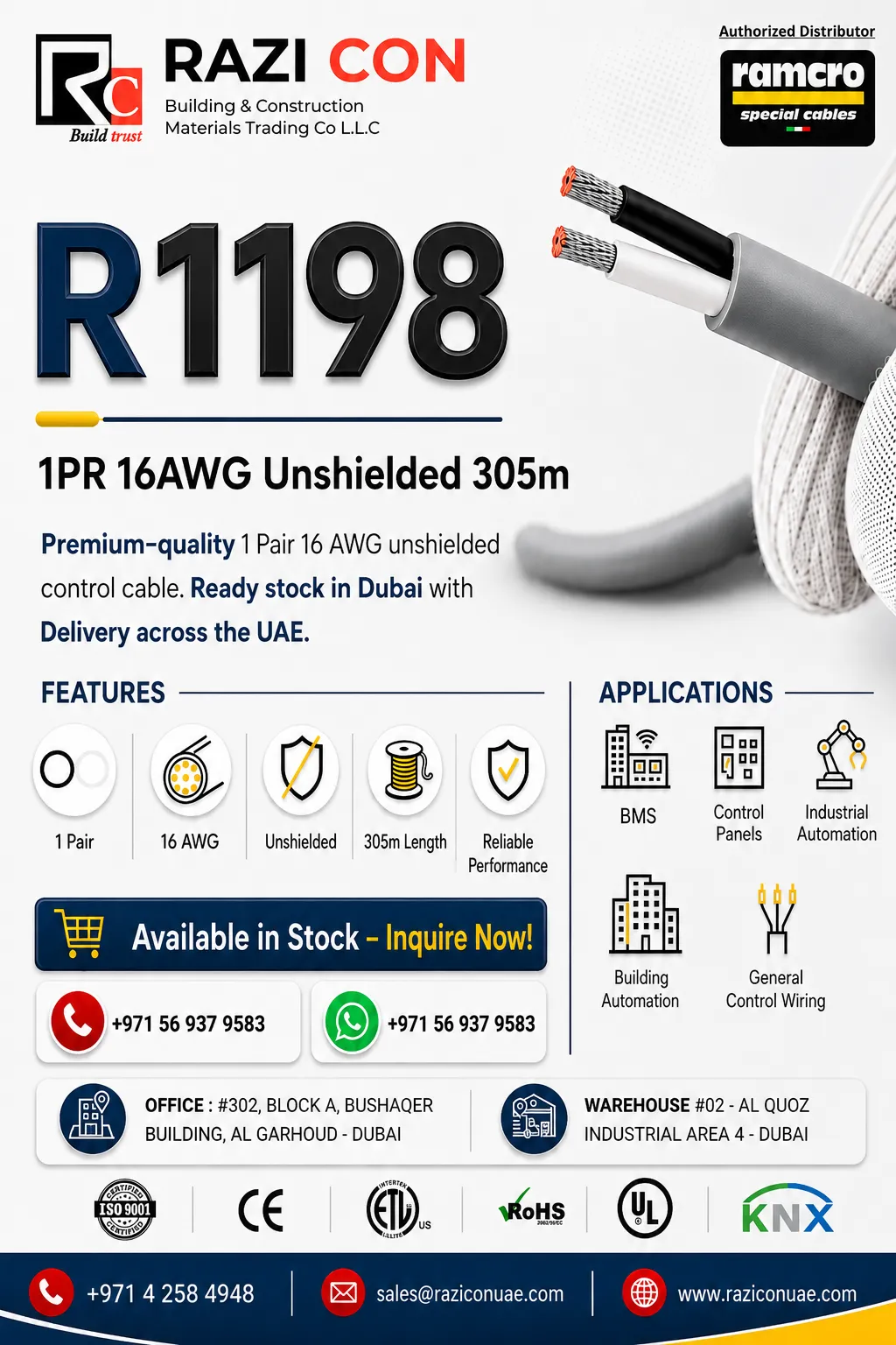 R1198 Ramcro 1 Pair 16 AWG Unshielded PVC Control Cable