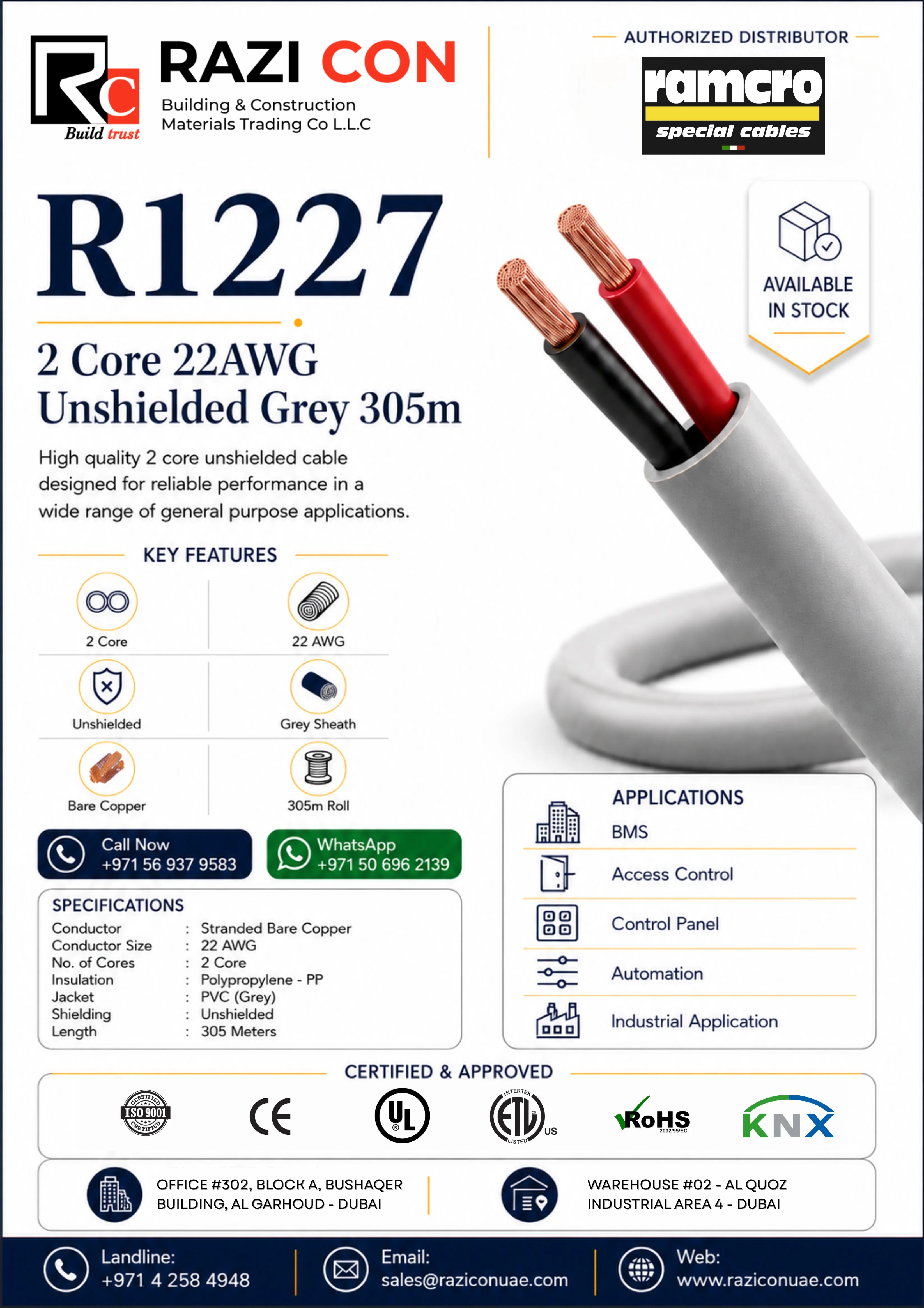 Ramcro R1227 2 Core 22 AWG Unshielded PVC Cable – 305m Roll for BMS, Access Control & Automation