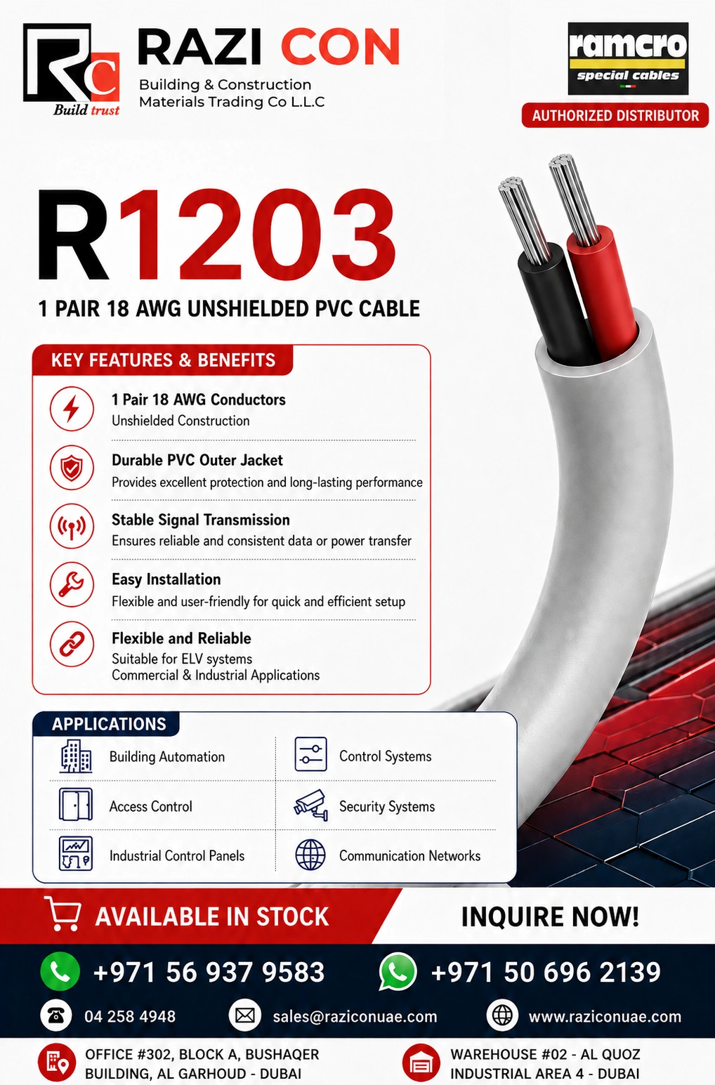 Ramcro R1203 1 Pair 18AWG Unshielded PVC Cable