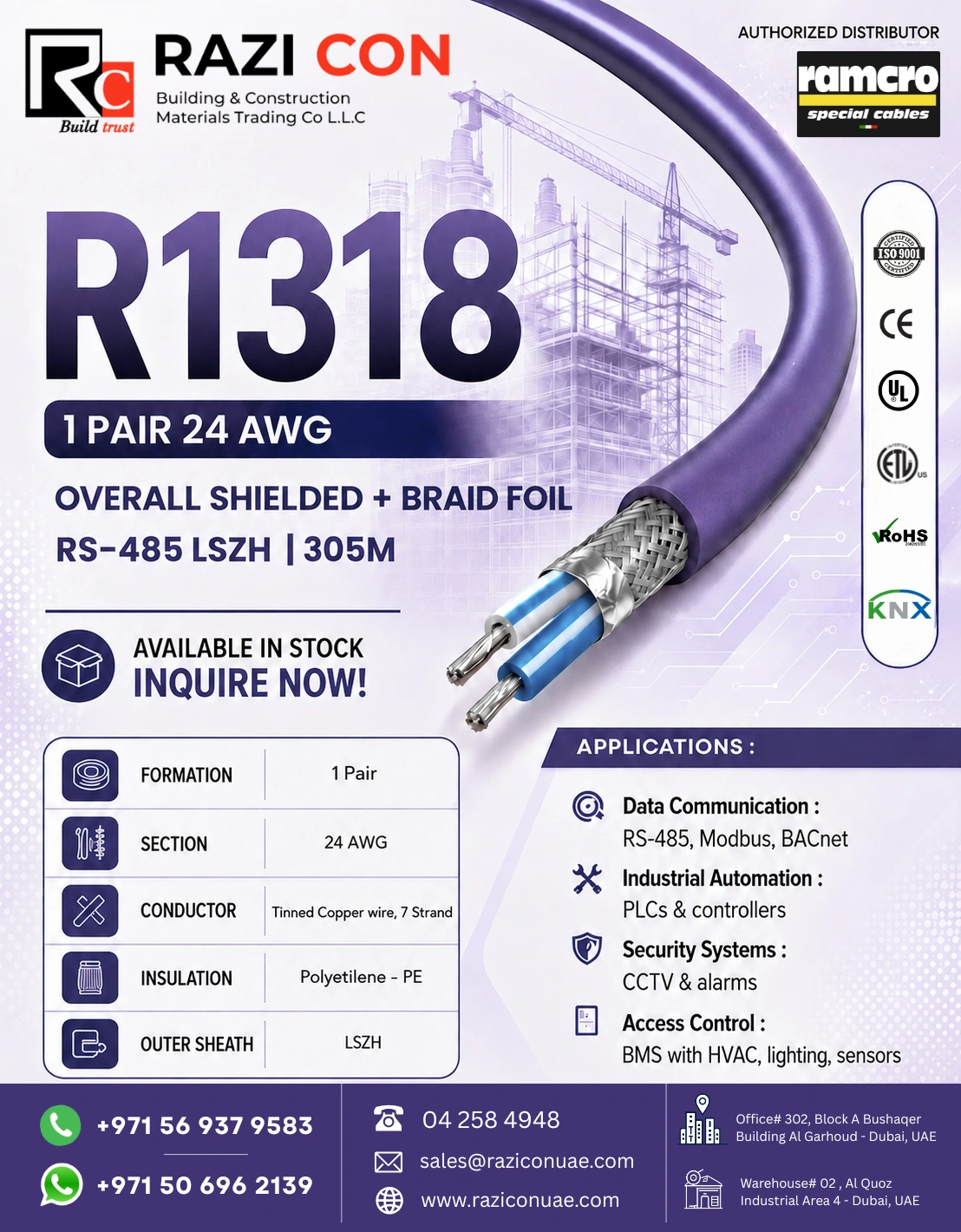R1318 1 Pair 24AWG Overall Shielded + Braid Foil LSZH Cable | Ramcro
