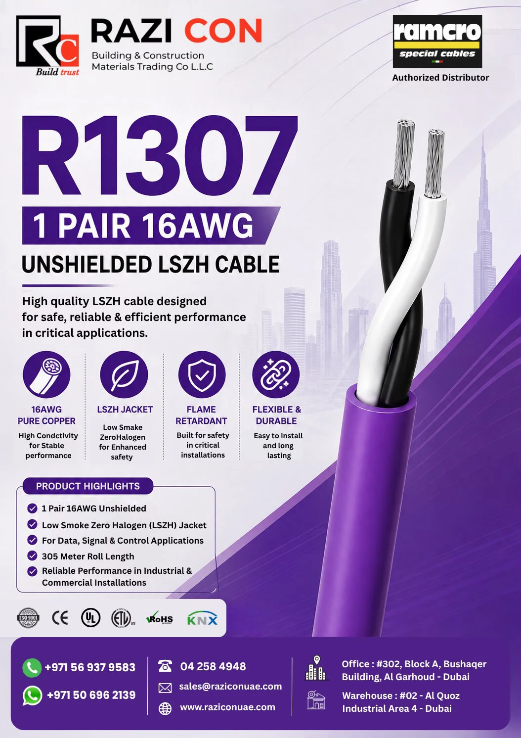 Ramcro R1307 1 Pair 16AWG Unshielded LSZH Cable | Razi Con