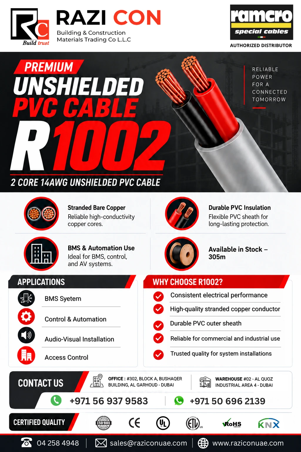 R1002 2 Core 14AWG Unshielded PVC Cable | Ramcro Italy