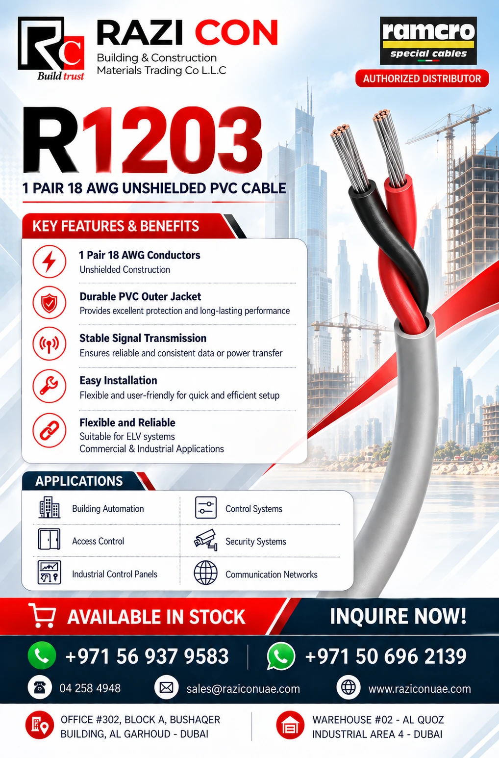 R1203 1 Pair 18AWG Unshielded PVC Cable | Ramcro