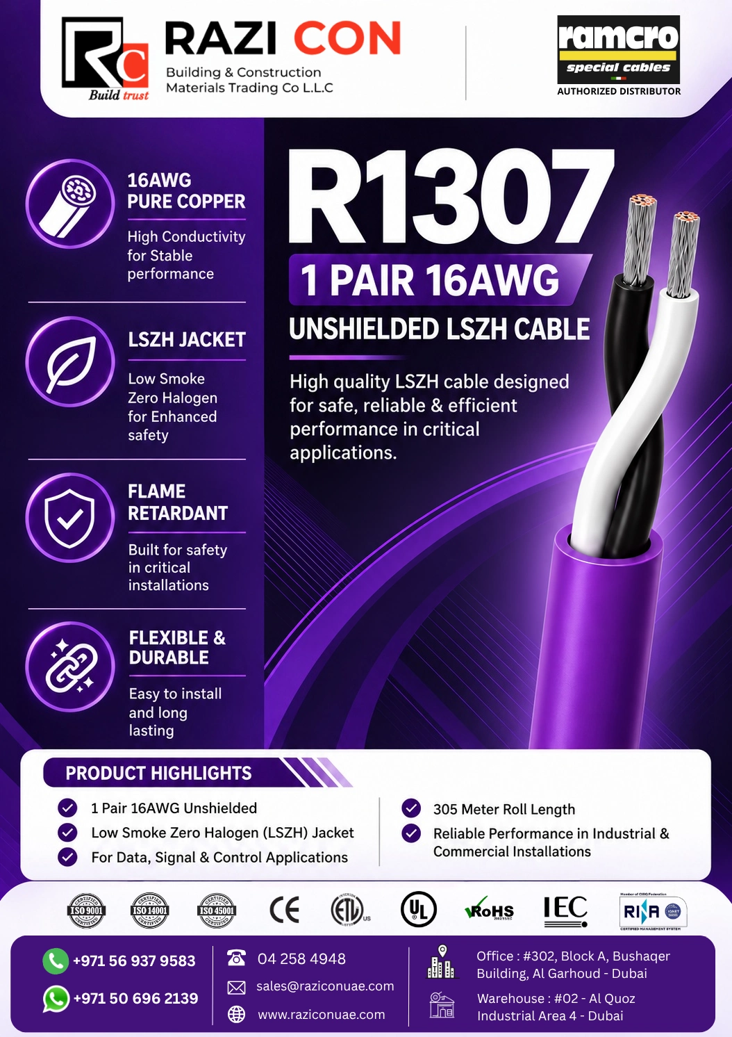 1 Pair 16AWG Unshielded LSZH Cable | Ramcro