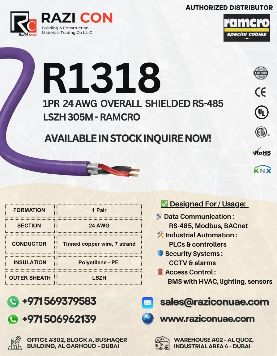 R1318 Cable | 1-Pair 24 AWG RS-485 Low Capacitance Shielded Cable | LSZH Sheath