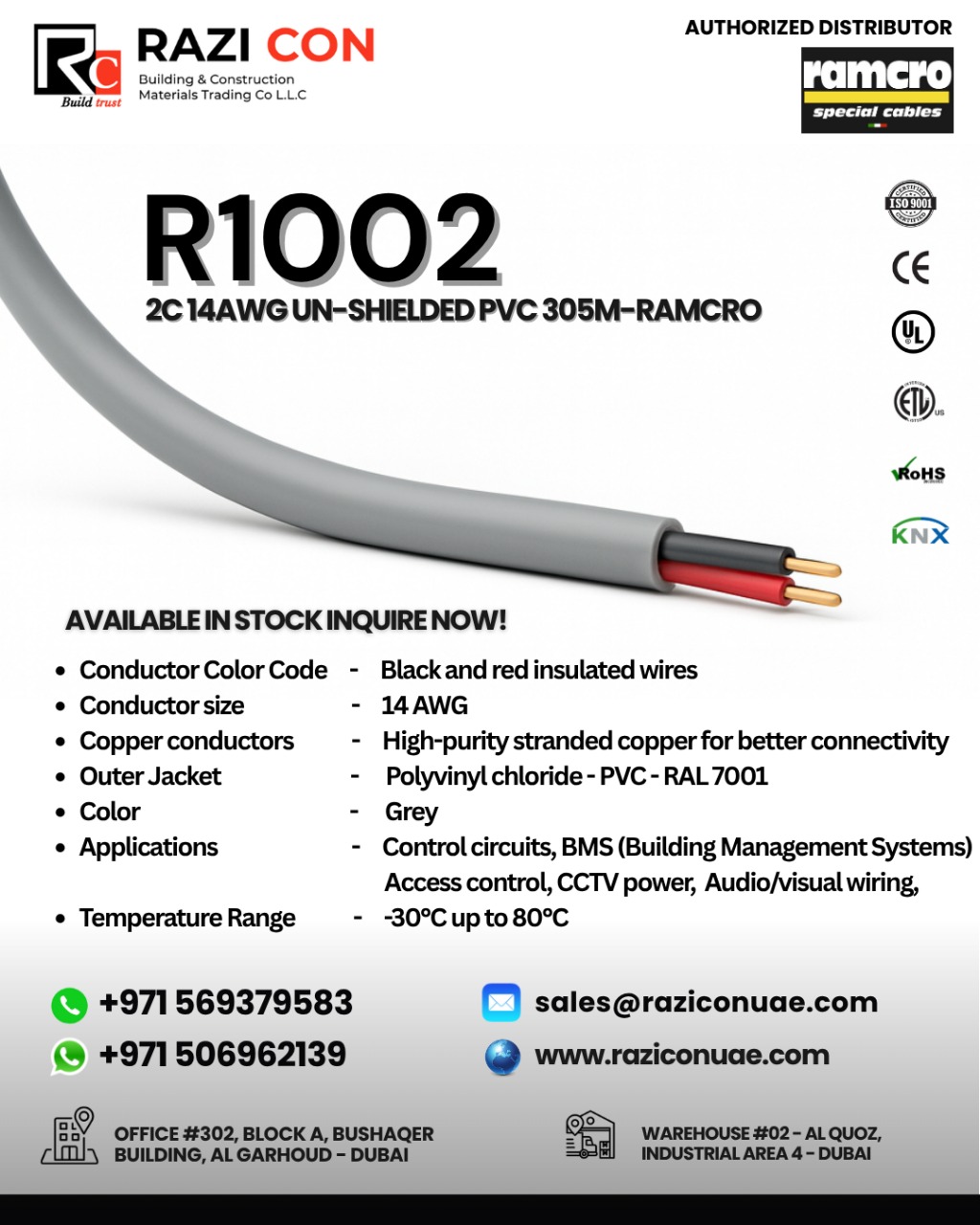 Ramcro R1002 Cable | 2-Core 14 AWG Unscreened Multi-Conductor | Belden 5100UE Equivalent