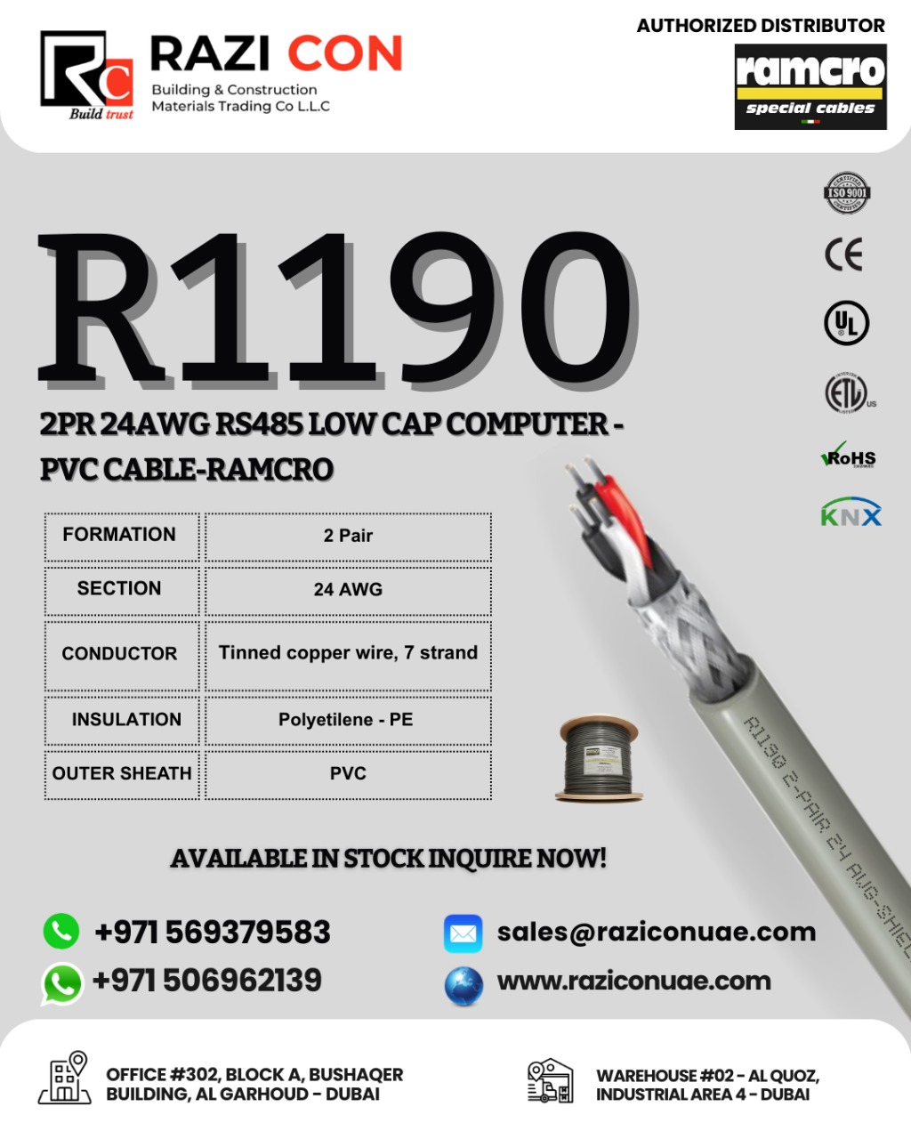 Ramcro R1190 | 4-Core 24 AWG Foam PE Screened Cable | 120Ω Impedance, 35 Mbit/s