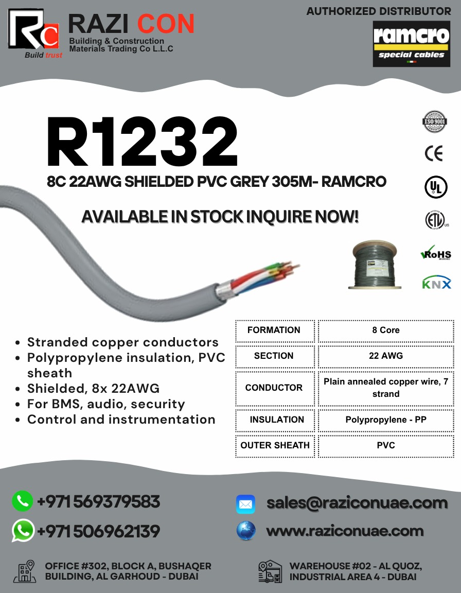 Ramcro R1232 Cable | 8-Core 22 AWG Overall Shielded Multi-Conductor | Belden 5506FE Equivalent