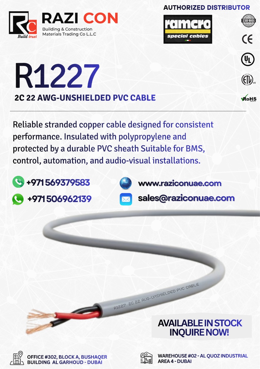 Ramcro R1227 Cable | 2-Core 22 AWG Unscreened Multi-Conductor | Belden 5500UE Equivalent
