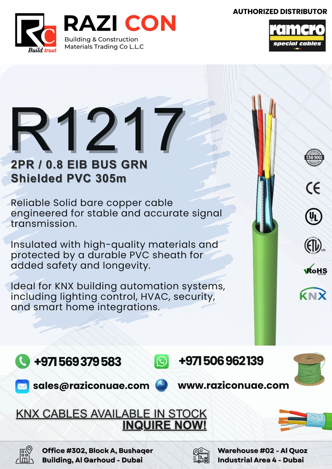 R1217 Cable | 2-Pair 0.8mm KNX/EIB Bus Cable | Belden YE00820 Equivalent